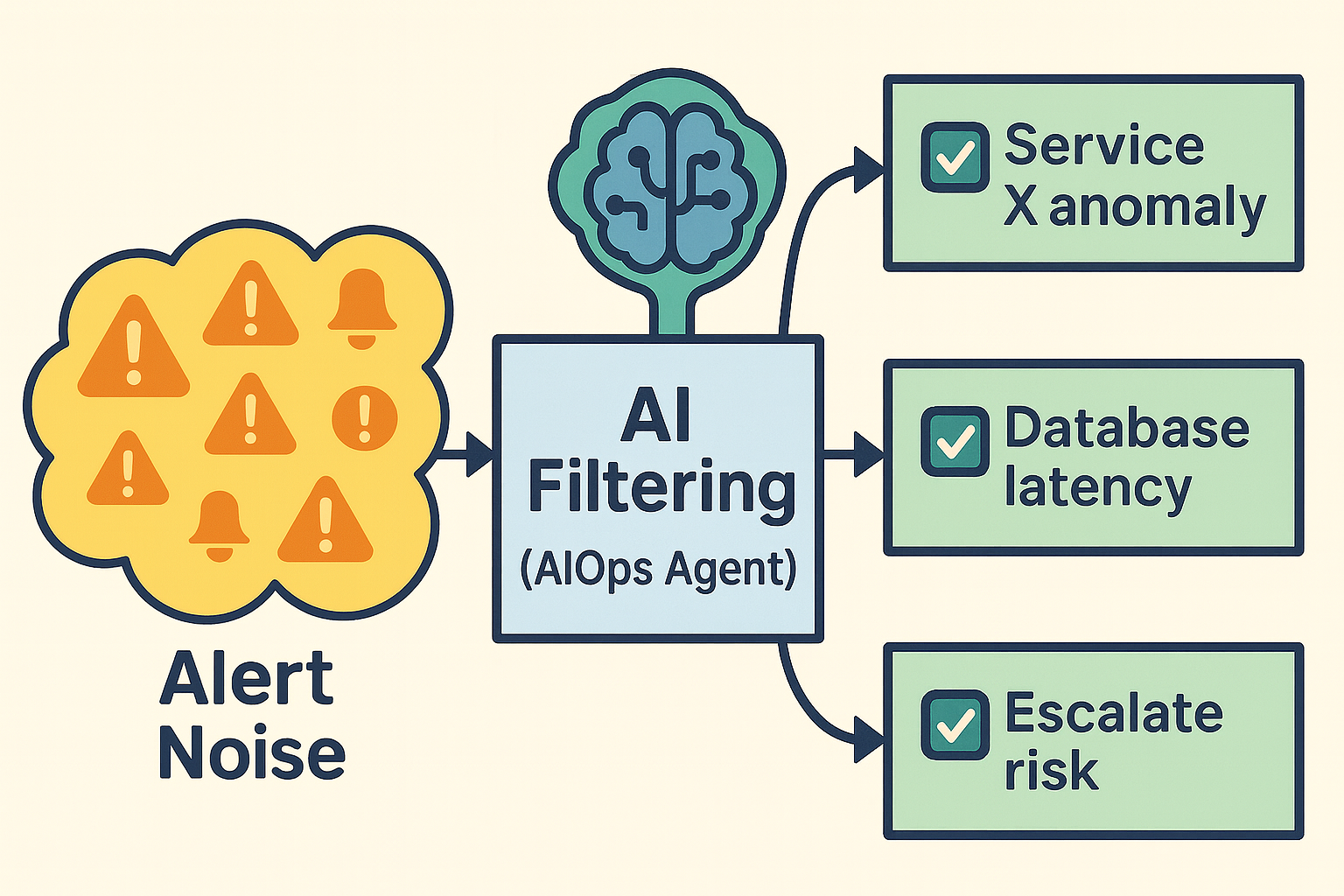 Infographic showing an AI filtering flow. On the left, a yellow cloud labeled “Alert Noise” is filled with multiple warning triangles and exclamation icons. An arrow leads to a central blue box labeled “AI Filtering (AIOps Agent)” with a stylized teal brain icon above it. From there, arrows branch out to three green boxes with checkmarks labeled “Service X anomaly,” “Database latency,” and “Escalate risk.”