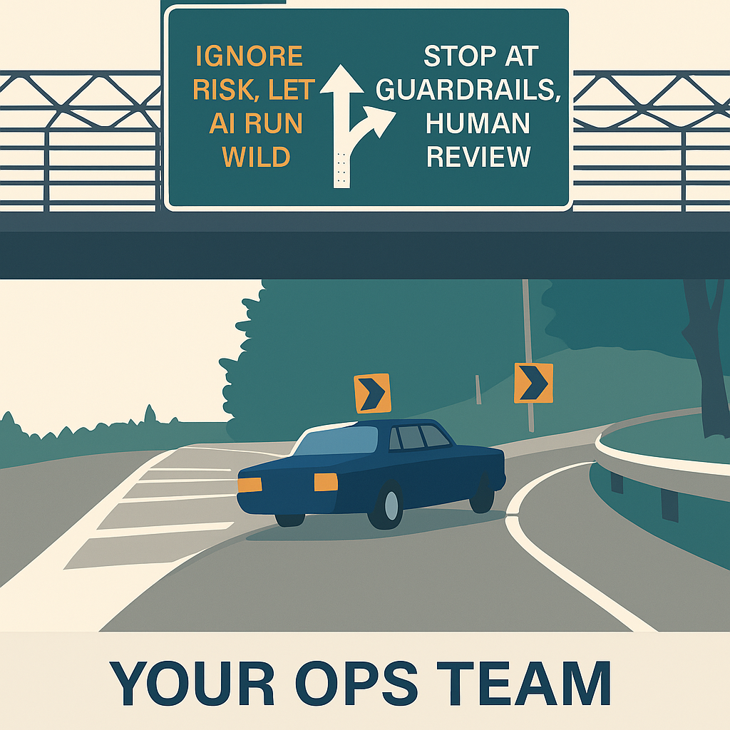 Highway exit meme. Straight road says &lsquo;Ignore risk, let AI run wild.&rsquo; Exit ramp says &lsquo;Stop at guardrails, human review.&rsquo; Car labeled &lsquo;Your Ops Team&rsquo; swerves toward the guardrails exit.